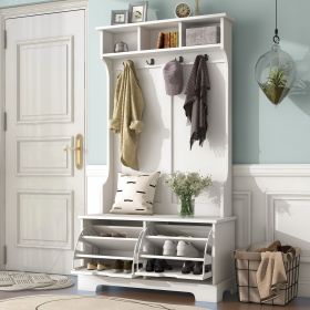 [VIDEO provided] ON-TREND All in One Hall Tree with 3 Top Shelves and 2 Flip Shoe Storage Drawers, Wood Hallway Organizer with Storage Bench and Metal