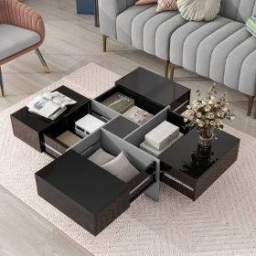 ON-TREND Unique Design Coffee Table with 4 Hidden Storage Compartments, Square Cocktail Table with Extendable Sliding Tabletop, UV High-gloss Design C