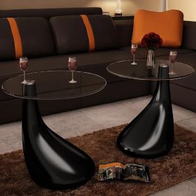 Coffee Tables 2 pcs with Round Glass Top High Gloss Black