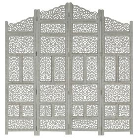 Hand carved 4-Panel Room Divider Gray 63"x65" Solid Mango Wood