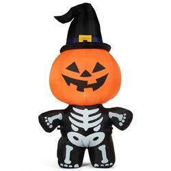 5' Halloween Inflatable Pumpkin Skeleton Lantern with Witch Hat