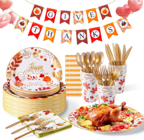 Thanksgiving Plates And Napkins Party Supplies Tableware Set (Color: Red)