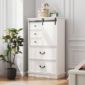 51'' Farmhouse Drawer Chest With Sliding Door, Multi-Storage Drawer Dresser With 5 Drawers And Storage Shelf, Tall Chest Of Drawers With Adjustable Sh (Color: White)