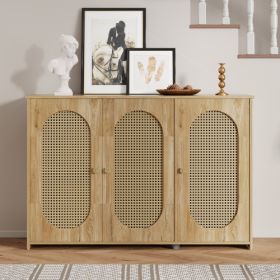 Vintage 3-door Sideboard With Large Storage Faux Rattan Doors And Metal Handles, Living Room And Hallway Decorative Cabinets (Option: Natural wood color)