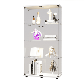 Two-door LED Lights Glass Display Cabinet 4 Shelves With Door, Floor Standing Curio Bookshelf For Living Room Bedroom Office, 64.7x31.7x14.3, White (Color: White)