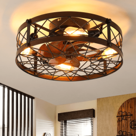 Cage Ceiling Fan With Light, Black, Recessed Ceiling Fan Light, Farmhouse Small Ceiling Fan With Light Fixture, Bedroom Reversible Fan - E26 Bulb Incl (Color: Black)