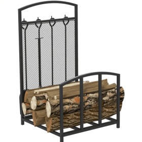 HOMCOM Firewood Rack With Fireplace Tools, Indoor Outdoor Firewood Holder For Fireplace, Wood Stove, Hearth Or Fire Pit, Wood Storage Log Rack Include (Option: As Pic)