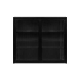 Modern Two-door Wall Cabinet With Glass Door With Three Levels Of Storage For Entrance Living Room, Bathroom, Dining Room, Black Unavailable Platforms (Color: Black)