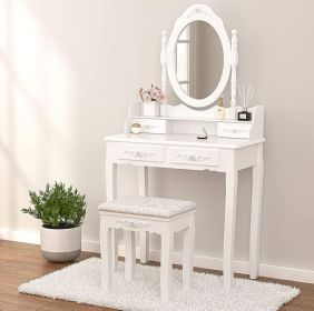 Vanity Table Set With 4 Drawer, Makeup Dressing Table W  Cushioned Stool, Girls Women Bedroom Furniture Set Oval Mirror (Option: Jasmine White)