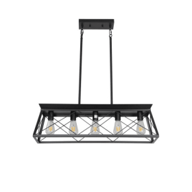 5 Lamps Farmhouse Chandelier For Dining Room, Metal Rustic Chandelier Island Lamp, Modern Rectangular Island Lamp For Kitchen, Living Room Pure Black (Color: Black)