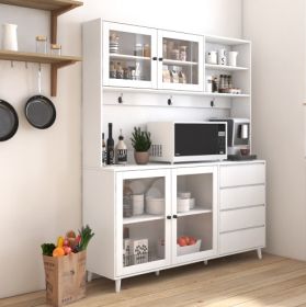 63 W Large Kitchen Hutch Cabinet, Freestanding Pantry Cabinets Storage Kitchen Cupboard With 4 Doors, 4 Drawers & Microwave Shelf, White (Color: White)