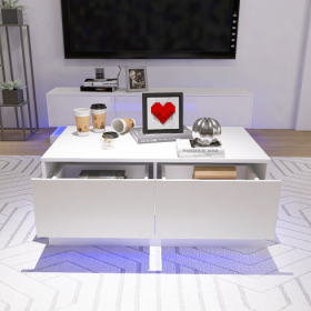 High Glossy Coffee Table With 2 Drawers Have RGB Led Light With Buletooth Control (Color: White)