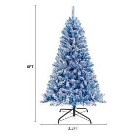 6FT Pre Lit Hinged Artificial Fir ChristmasTree, Xmas Tree Snow Flocked Artificial Holiday Christmas Tree W 750 Branch Tips X Mas (Color: Blue)