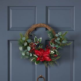 23.5 Inches Poinsettia,Berry,Eucalyptus Half Wreath (Option: Greenleaved safflower)