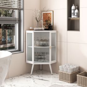 Floor Conical Cabinet With Tempered Glass Door And Storage Shelves, Suitable For Bathroom, Living Room, Bedroom (Color: White)