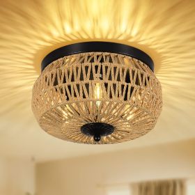 3 Lamp Woven Rattan Recessed Chandelier Lamp Fixture With Handmade Cage Lampshade For Bedroom, Kitchen, Hallway, Porch   Unavailable Platforms- Welfel (Color: Brown)