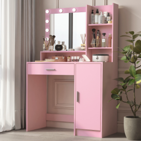 Vanity Desk With Mirror Light, Large Drawer Three Level Storage Dresser, 3 Lighting Modes Adjustable Brightness, Bedroom Dressing Table (Color: Pink)