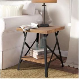 U_STYLE Industrial End Table with Solid Wood Top, Metal Base (Option: as picture)