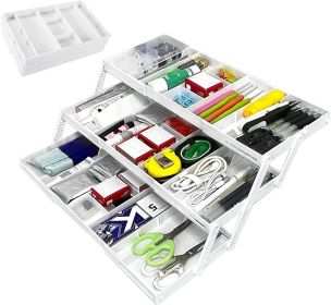 3 Tier Drawer Organizer, Expandable Junk Drawer Organizer, Smart Drawer Organizer Multi Level, Collapsible Shallow Storage Drawers Tray Desk Organizer (Color: White)