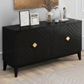 4-door Sideboard Storage Cabinet For Living And Dining Room, Two Large Cabinets With Gold Handle And Adjustable Shelves, Black (Color: Black)