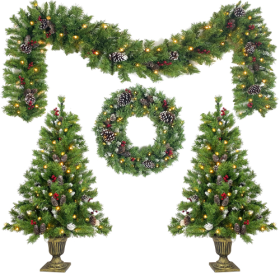 Pre-lit Christmas Tree Artificial Christmas 4-piece Set With LED Lights (Color: Green)